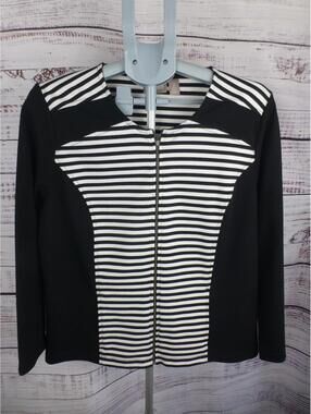 Chico's Women's Black White Striped Full Zip Knit Jacket Size 2 (US L) - K5